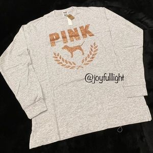 VS PINK XS BLING LONG SLEEVE CAMPUS TEE HEATHERSTONE GREY GOLD GLITTER SHINE